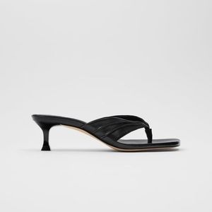 Zara Black Thong Kitten Heel Leather Sandals
